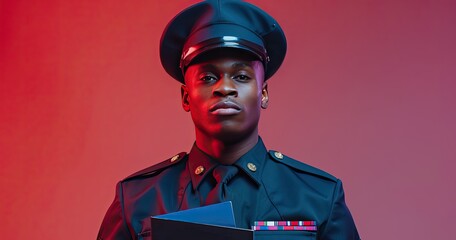 A military recruiter in dress uniform, holding informational brochures, standing in a recruitment office, photorealistik, solid color background - obrazy, fototapety, plakaty