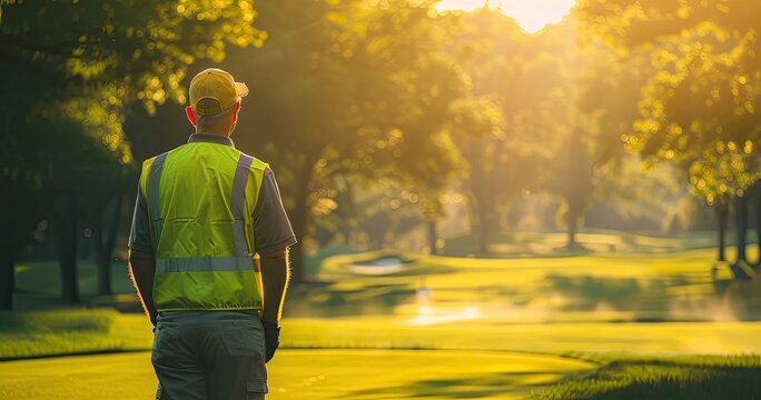 A golf course superintendent in maintenance attire, overseeing course conditions, photorealistik, solid color background