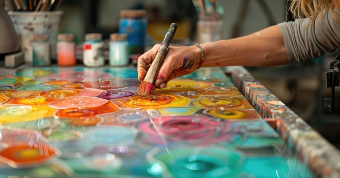A glass painting artist in a studio, applying color to a stained glass panel, solid color background