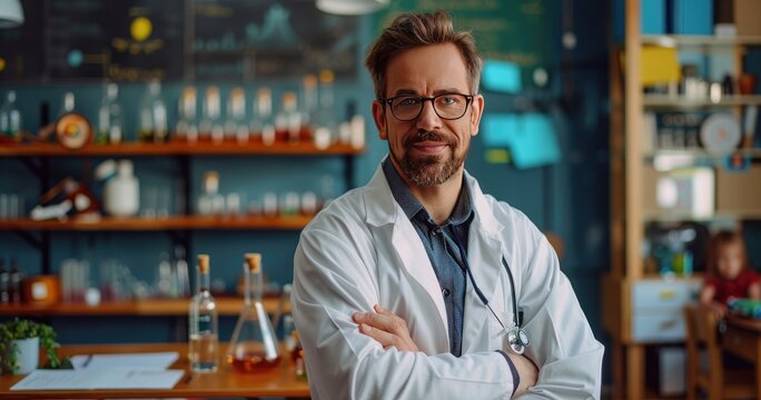 A high school chemistry teacher in a lab coat, holding a beaker, standing in a classroom, photorealistik, solid color background