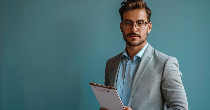 A human resources manager in professional attire, holding a resume and a clipboard, standing in an office setting, photorealistik, solid color background