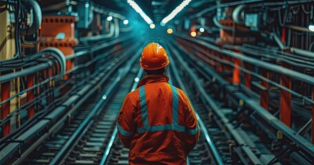 A subway maintenance worker in safety uniform, inspecting subway tracks, photorealistik, solid color background - obrazy, fototapety, plakaty
