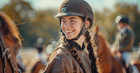 A therapeutic horseback riding instructor in equestrian gear, assisting students, in a riding arena, photorealistik, solid color background