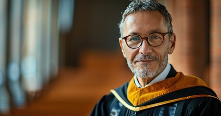 A university professor in academic robes, lecturing, in a university hall, photorealistik, solid color background - obrazy, fototapety, plakaty