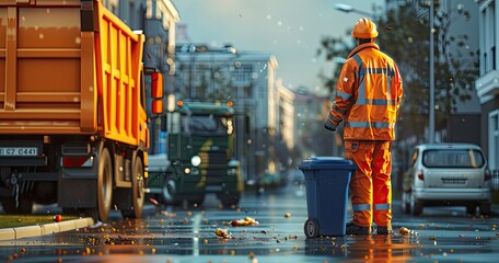 A waste collector in reflective uniform, emptying bins, standing next to a garbage truck, photorealistik, solid color background