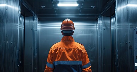 An elevator technician in workwear, servicing an elevator, in a high-rise building, photorealistik, solid color background
