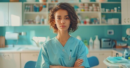 A dental hygienist in medical scrubs, holding dental tools, standing in a dental office, photorealistik, solid color background