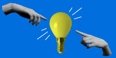 Idea generation concept. Modern collage with halftone hands and light bulb. Retro halftone hands reach out to the light bulb. Teamwork. Knowledge concept. Inspiration. Creative thinking in business