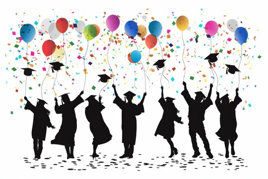 Silhouette vector image of graduates celebrating with confetti and balloons. 