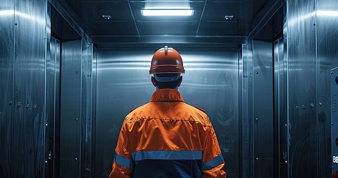 An elevator technician in workwear, servicing an elevator, in a high-rise building, photorealistik, solid color background