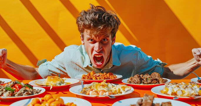 A competitive eater in an eating contest, surrounded by plates of food, solid color background