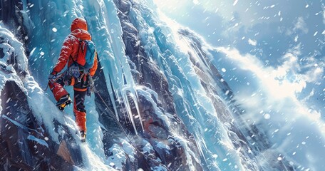 A professional ice climber in climbing gear, holding ice axes, standing at the base of a frozen waterfall, photorealistik, solid color background