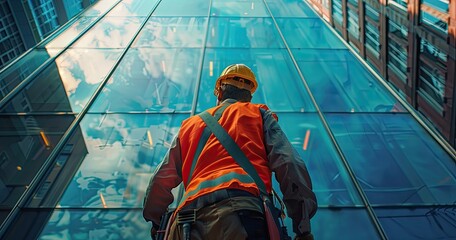 A window cleaner in work attire, holding squeegees, standing in front of a tall building, photorealistik, solid color background