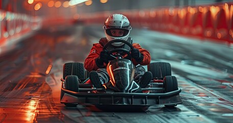 A go-kart racer in racing gear, sitting in a go-kart, on a race track, photorealistik, solid color background - obrazy, fototapety, plakaty