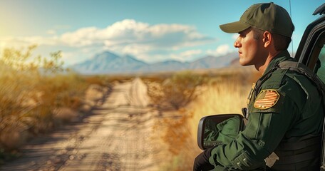 A border patrol officer in uniform, monitoring a border area, in a patrol vehicle, photorealistik, solid color background - obrazy, fototapety, plakaty