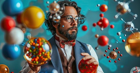 A quantum physicist in academic attire, holding a model of atomic particles, standing in a lab, photorealistik, solid color background - obrazy, fototapety, plakaty