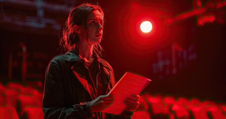 A theatre director in creative attire, holding a script, standing in a rehearsal space, photorealistik, solid color background