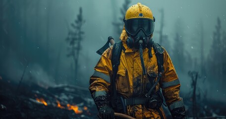 Fototapeta premium A wildfire firefighter in protective gear, holding a fire axe, standing in a burned forest area, photorealistik, solid color background