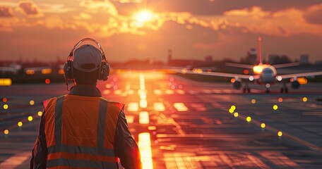 An airfield operations specialist in safety vest, directing airplanes, on a runway, photorealistik, solid color background