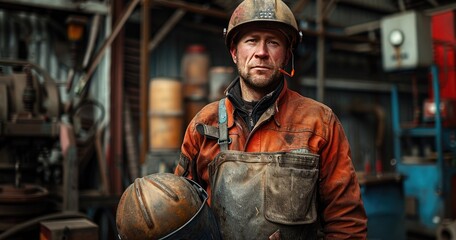 A welder in protective gear, holding a welding helmet and a torch, standing in a metal shop, photorealistik, solid color background - Powered by Adobe