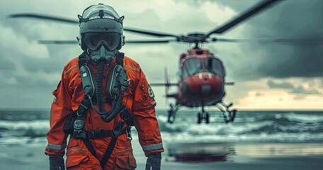 An air ambulance pilot in flight suit, preparing for a rescue mission, near a helicopter, photorealistik, solid color background