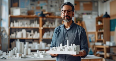 An urban planner in smart casual, holding a city model, standing in a city planning office, photorealistik, solid color background - obrazy, fototapety, plakaty