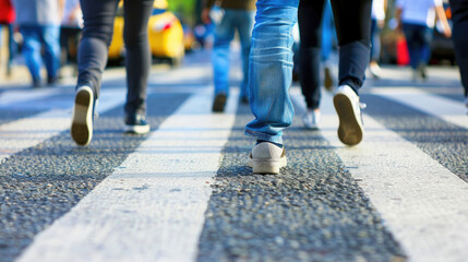 A group of individuals crossing the street at a crosswalk, following the pedestrian signals - obrazy, fototapety, plakaty