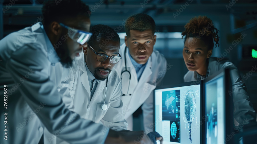 Poster a group of doctors wearing white coats and medical scrubs are attentively looking at a computer scre