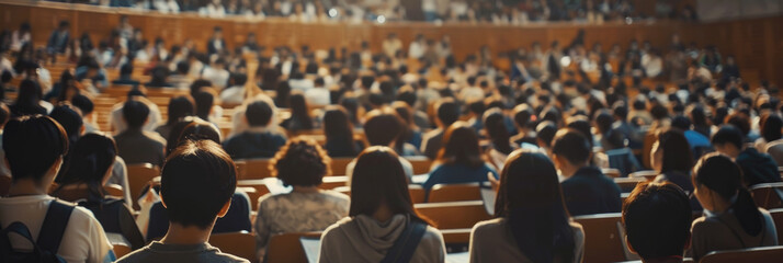 Numerous individuals sitting in rows of chairs inside a lecture hall, listening attentively to a speaker at the front of the room - obrazy, fototapety, plakaty