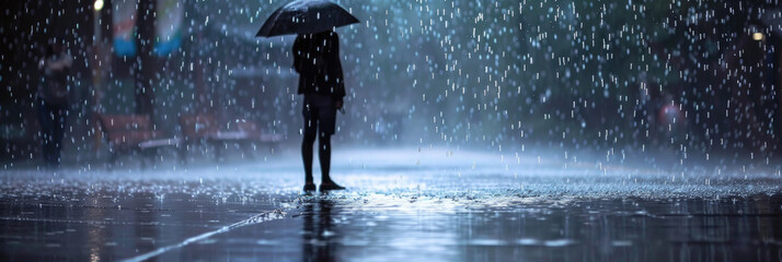 A person stands in the rain, holding an umbrella to shield themselves from the downpour - obrazy, fototapety, plakaty
