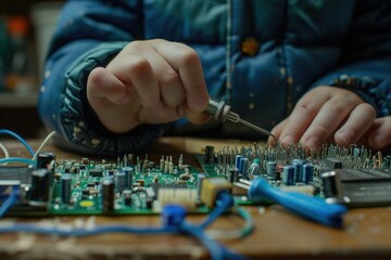 A child boy does robotics, microelectronics. Hobby. Chip. Additional session. Physics at school