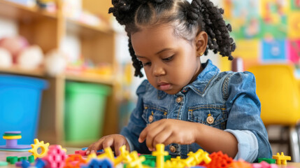 A young girl engaged in imaginative play, surrounded by a variety of toys in a room setting