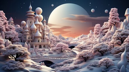 Fairytale winter landscape with castle and christmas tree.