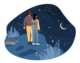 Starry night sky concept. Man and woman at romantic meeting and date. Young guy and girl in love looking at stars. Romance and passion. Cartoon flat vector illustration isolated on white background