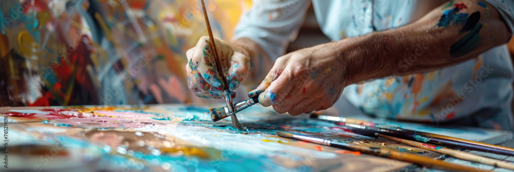 Poster an artist man is intensely focused, applying paint on a canvas using different paintbrushes, creatin