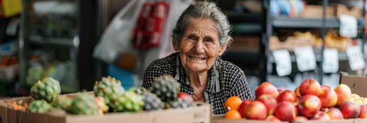 An elderly woman is seated at a fruit stand, surrounded by a variety of ripe fruits and vegetables, ready for customers to purchase - obrazy, fototapety, plakaty