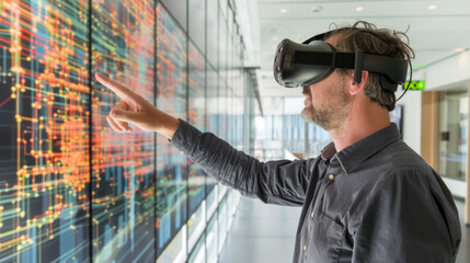 A man immersed in virtual reality technology points at a digital data display, interacting with information in a virtual environment