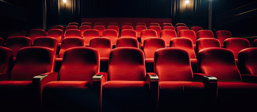 A dark theater is filled with rows of vibrant red seats for audience members to sit and enjoy a performance