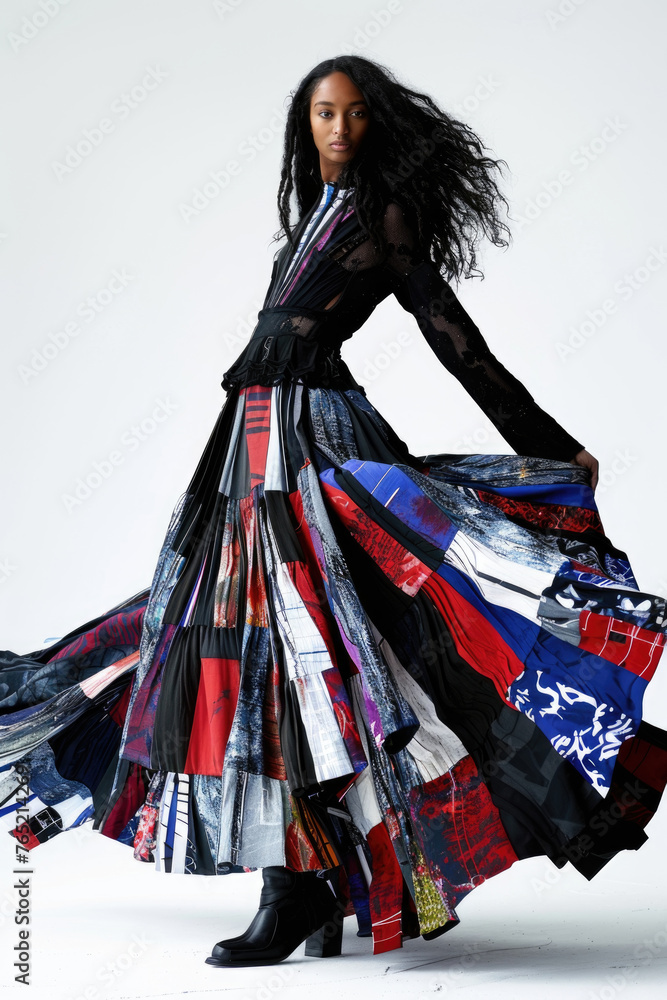 Poster A model twirls in a patchwork gown with a dynamic array of colors and patterns against a plain background, highlighting the movement of the fabric