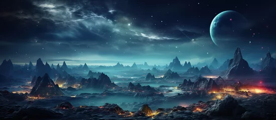 Fototapeten alien landscape with glowing lava and planets © nahij