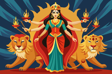 nine hands  maa durga with nine hands  with full poses  on lion with saree indian and standing