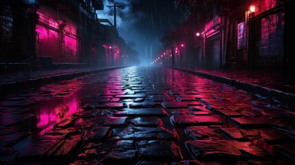 Neon-Lit Rainy Street at Night