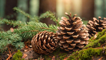 Close-up of tree cones in the forest. Beautiful nature. Spring or summer season. Blurred woods or park