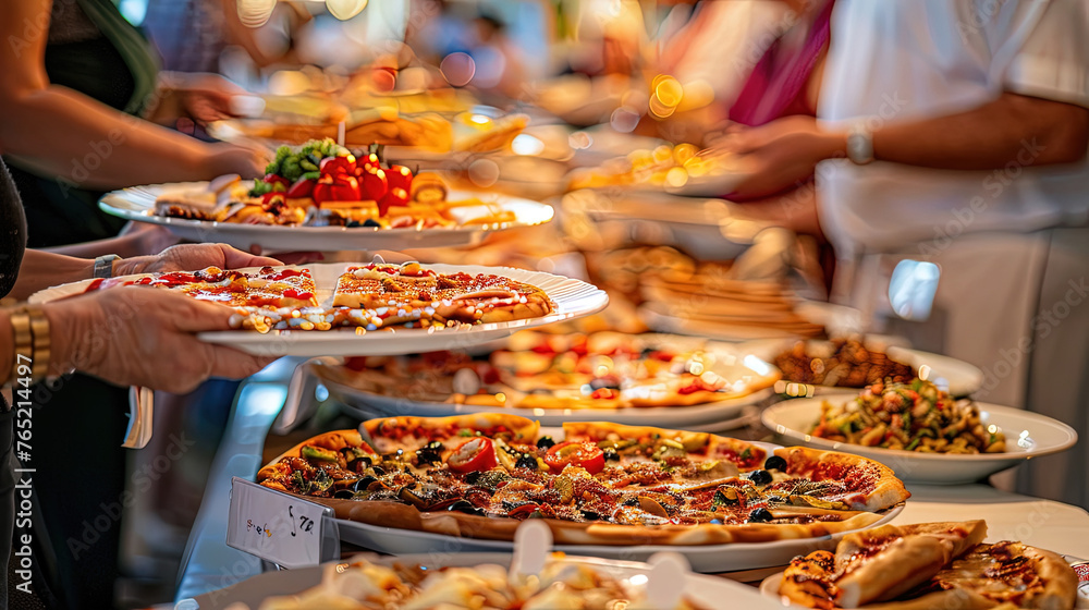 Poster wide array of pizzas and various food items laid out in a buffet line for guests to serve themselves