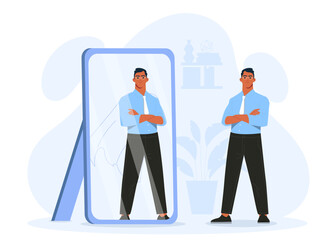 Superhero man in mirror. Young guy with confidence and brave. Talented and hardworking businessman. Reflection with superhero cape. Cartoon flat vector illustration isolated on white background