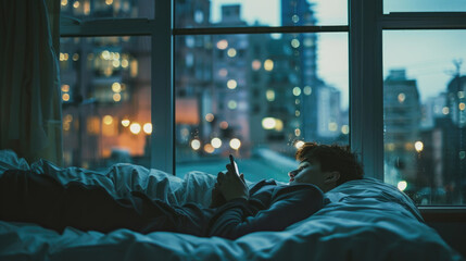 A man is lying in bed, looking intently at his cell phone screen in a dimly lit room