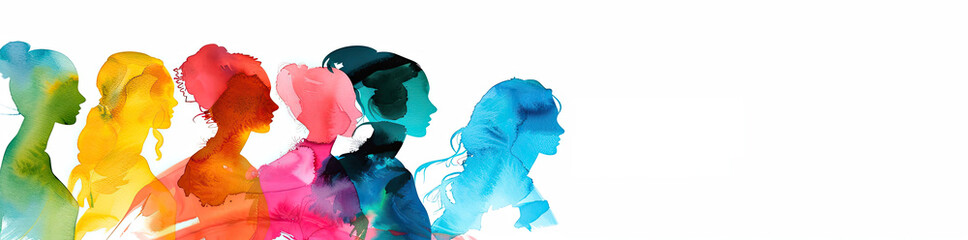 Happy international women's day concept 2024, Watercolor painting silhouette of beautiful women in their diversity, isolated on white background banner panorama 4