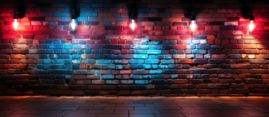 Brick wall with red and blue neon lights.