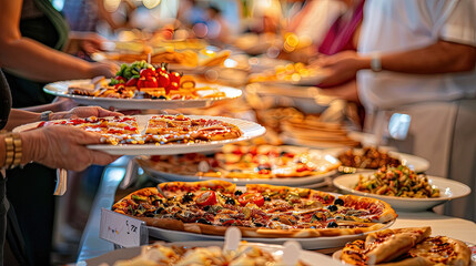 Wide array of pizzas and various food items laid out in a buffet line for guests to serve themselves - obrazy, fototapety, plakaty