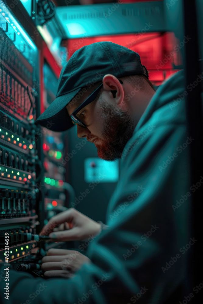 Aufkleber a man is sitting at a computer inside a server room, surrounded by racks of servers and technology e